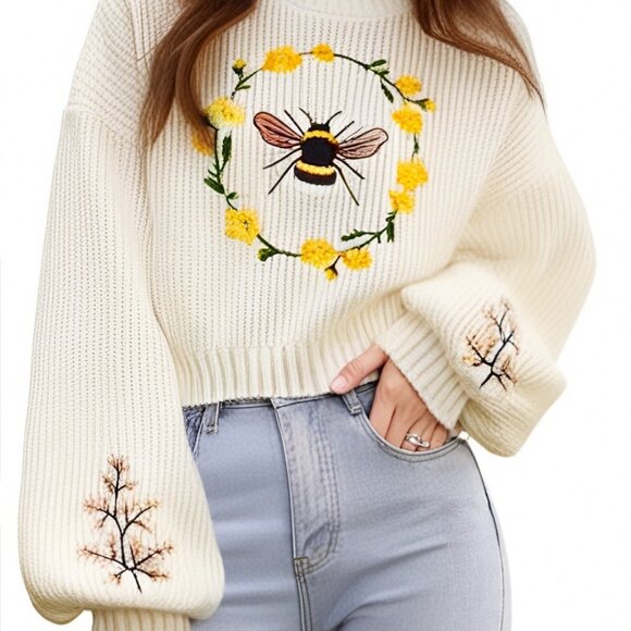 Embroidered Bee & floral design soft turtleneck cream & yellow sweater size 1XL - Picture 12 of 12